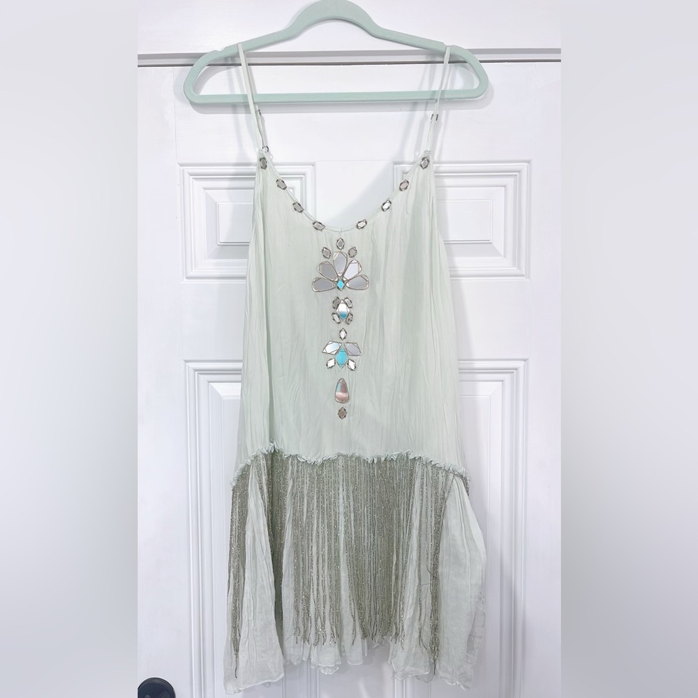 Free People FP belle dress Pale Blue Beaded and Fringe Dress large